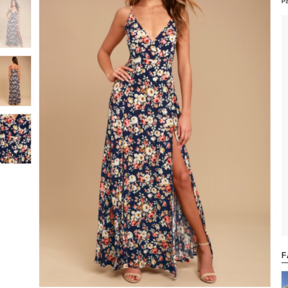 Lulu's Everlasting Bliss Navy Blue Floral Print Maxi Dress Size XS